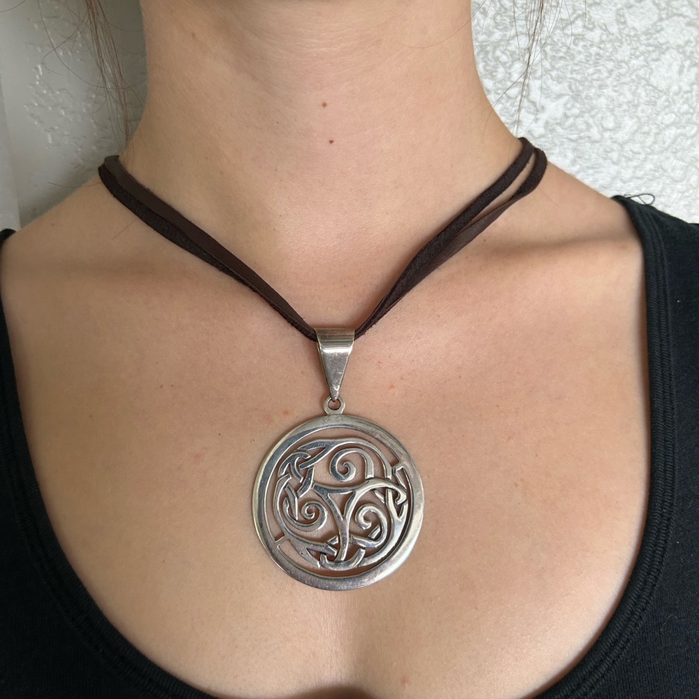 Silver Pendant Necklace with Brown Cord